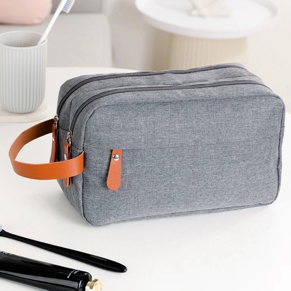 Large grey beauty cosmetics bag with strap